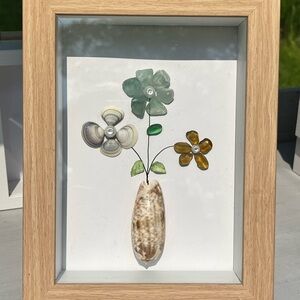 Framed Floral Shell Art in Natural Wood Frame